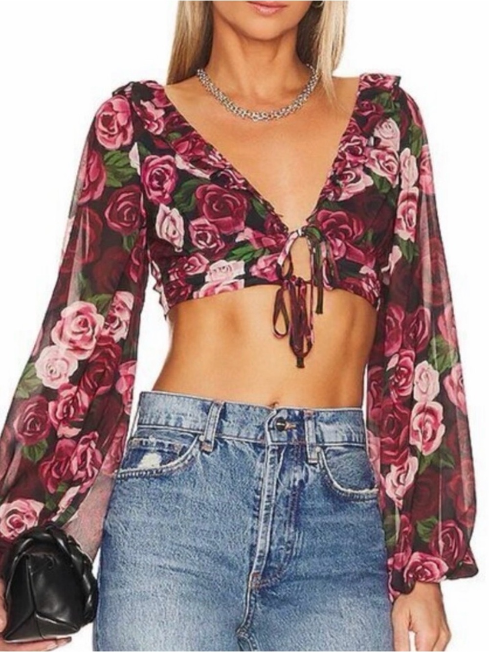 MAJORELLE Pink Rose Print Rocsi Tie-Front Crop Blouse